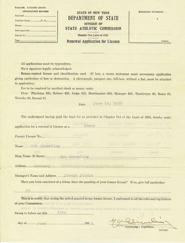 *SOLD* Max Schmeling License Application