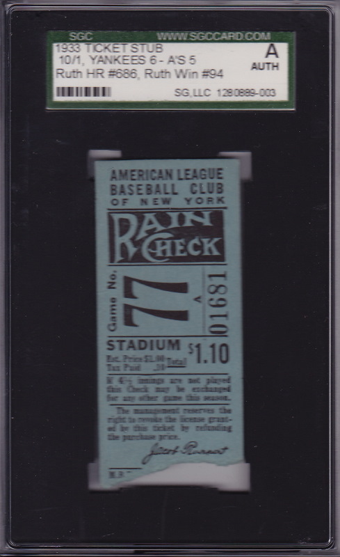 1933 Ticket Stub HR 686 Ruth Win 94