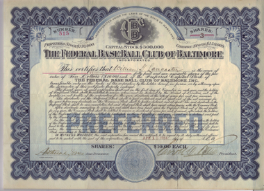 Federal League Baseball Club of Baltimore Stock Certificate Federal League Baseball Club of Baltimore Stock Certificate
