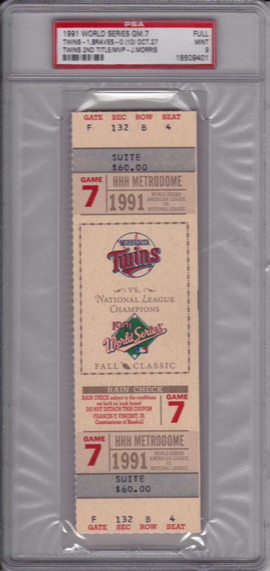 Rare 1991 World Series Clinching Game 7 Full Ticket SOLD | AndyImperato.com