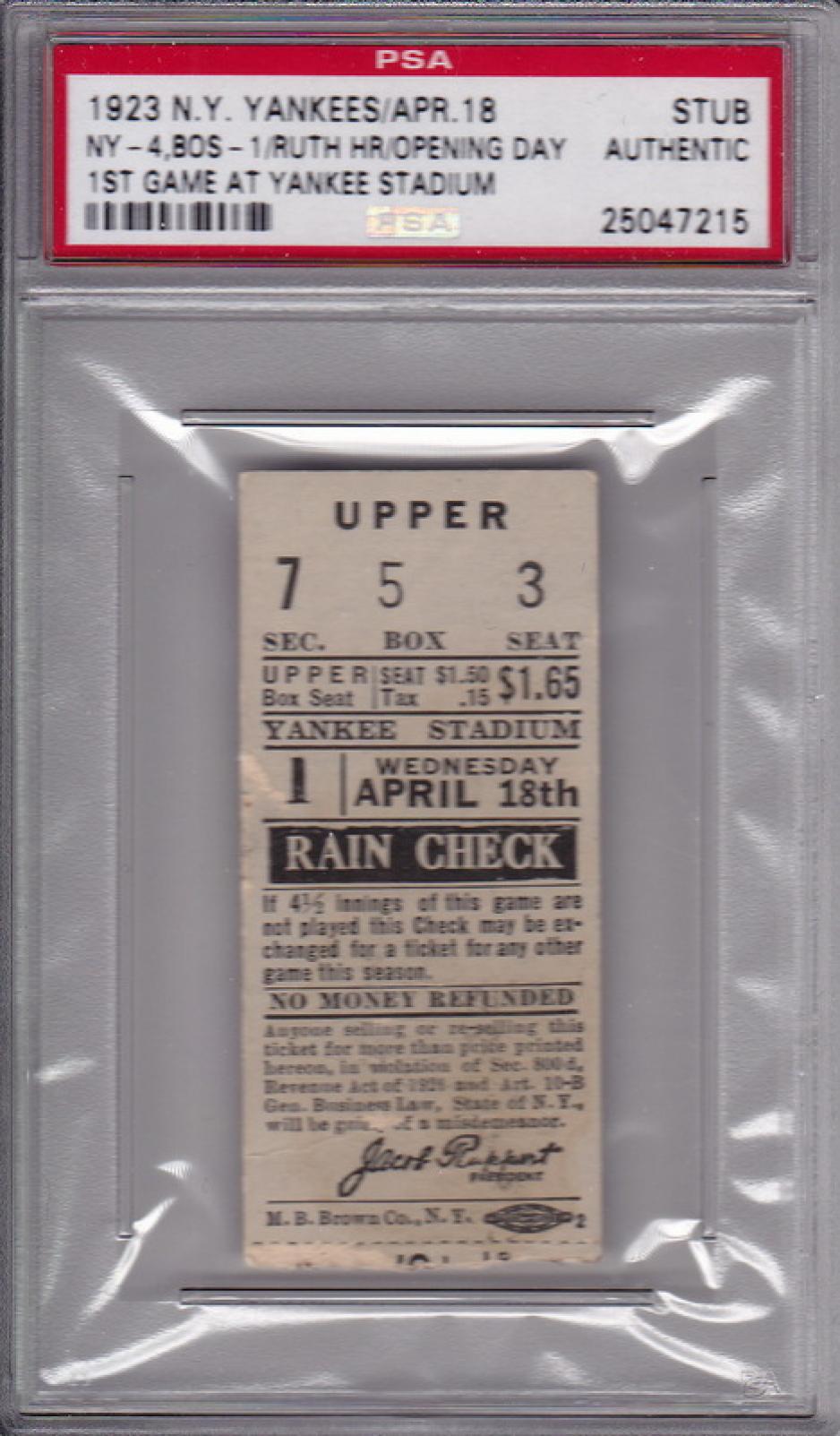 1923 New york Yankees' 1st Game at Yankee Stadium Ticket Stub SOLD new york yankees box score from yesterday